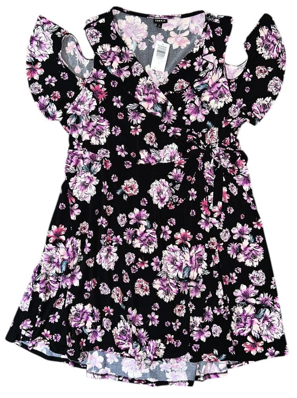 Torrid Black & Pink Floral Faux Wrap Cold Shoulder Stretch Dress 3X